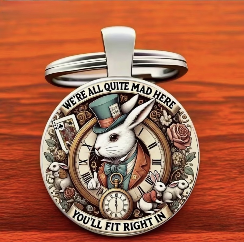 3/$25 We're All Quite Mad Here You'll Fit Right In Rabbit Hole Keychain NEW